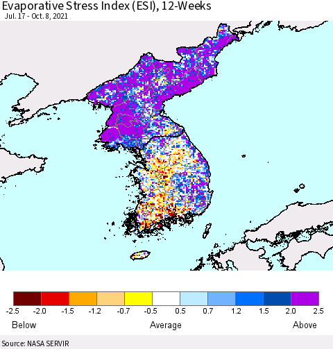Korea Evaporative Stress Index (ESI), 12-Weeks Thematic Map For 10/4/2021 - 10/10/2021