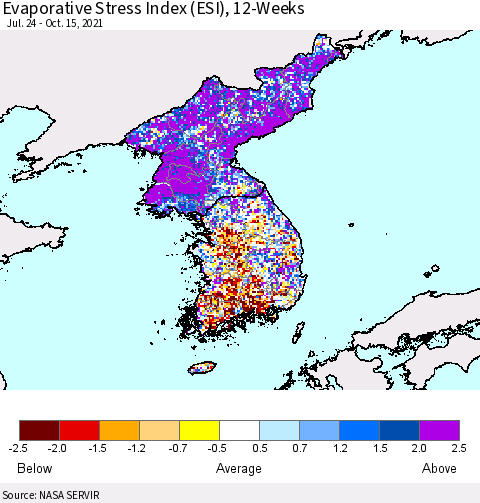 Korea Evaporative Stress Index (ESI), 12-Weeks Thematic Map For 10/11/2021 - 10/17/2021