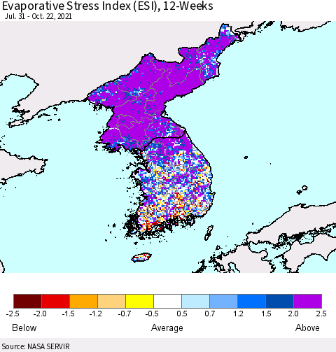 Korea Evaporative Stress Index (ESI), 12-Weeks Thematic Map For 10/18/2021 - 10/24/2021