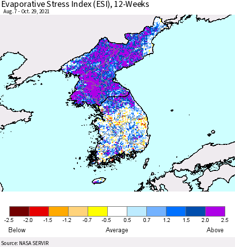 Korea Evaporative Stress Index (ESI), 12-Weeks Thematic Map For 10/25/2021 - 10/31/2021