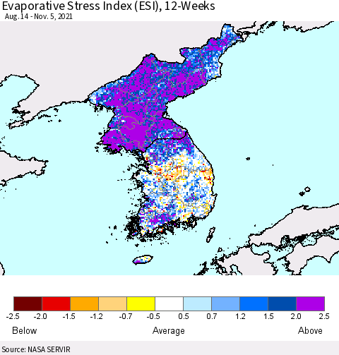 Korea Evaporative Stress Index (ESI), 12-Weeks Thematic Map For 11/1/2021 - 11/7/2021