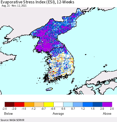 Korea Evaporative Stress Index (ESI), 12-Weeks Thematic Map For 11/8/2021 - 11/14/2021