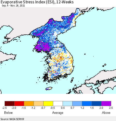 Korea Evaporative Stress Index (ESI), 12-Weeks Thematic Map For 11/22/2021 - 11/28/2021