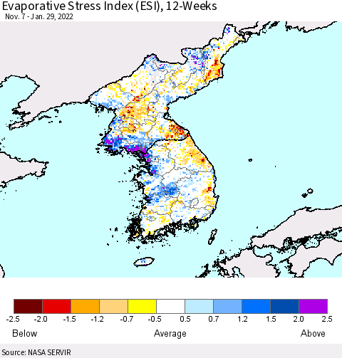 Korea Evaporative Stress Index (ESI), 12-Weeks Thematic Map For 1/24/2022 - 1/30/2022