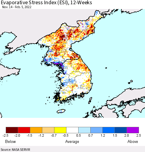 Korea Evaporative Stress Index (ESI), 12-Weeks Thematic Map For 1/31/2022 - 2/6/2022