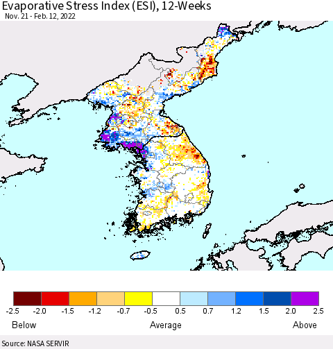 Korea Evaporative Stress Index (ESI), 12-Weeks Thematic Map For 2/7/2022 - 2/13/2022