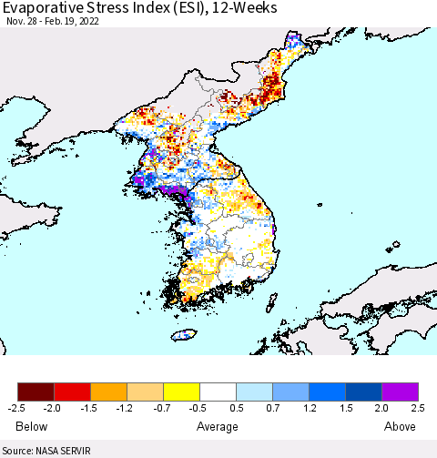 Korea Evaporative Stress Index (ESI), 12-Weeks Thematic Map For 2/14/2022 - 2/20/2022