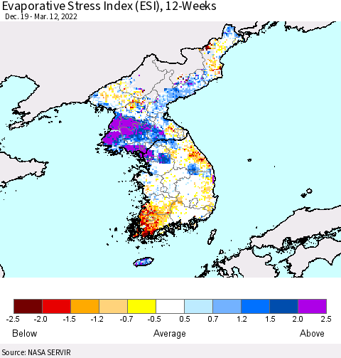 Korea Evaporative Stress Index (ESI), 12-Weeks Thematic Map For 3/7/2022 - 3/13/2022
