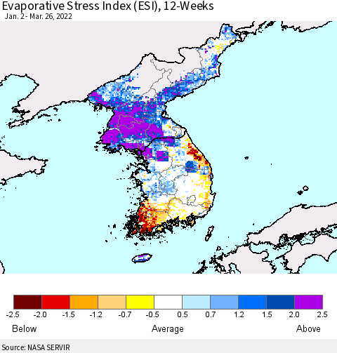 Korea Evaporative Stress Index (ESI), 12-Weeks Thematic Map For 3/21/2022 - 3/27/2022