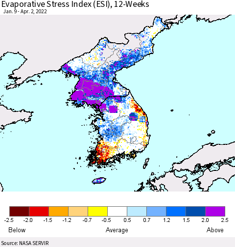 Korea Evaporative Stress Index (ESI), 12-Weeks Thematic Map For 3/28/2022 - 4/3/2022