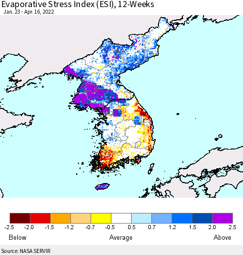 Korea Evaporative Stress Index (ESI), 12-Weeks Thematic Map For 4/11/2022 - 4/17/2022