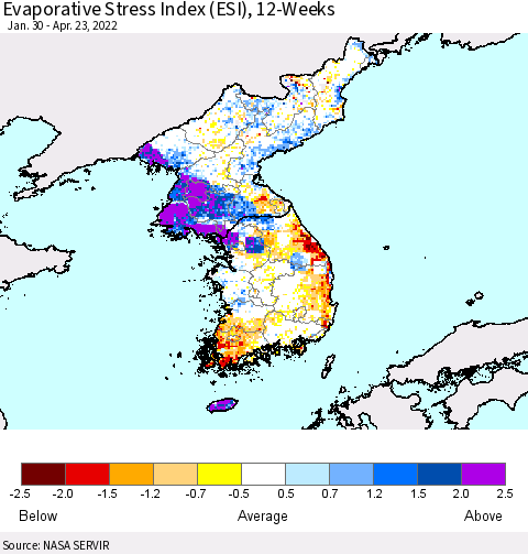 Korea Evaporative Stress Index (ESI), 12-Weeks Thematic Map For 4/18/2022 - 4/24/2022