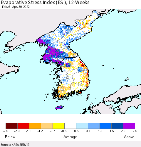 Korea Evaporative Stress Index (ESI), 12-Weeks Thematic Map For 4/25/2022 - 5/1/2022