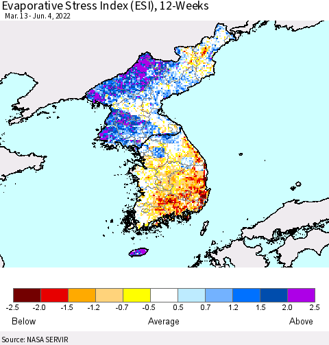 Korea Evaporative Stress Index (ESI), 12-Weeks Thematic Map For 5/30/2022 - 6/5/2022