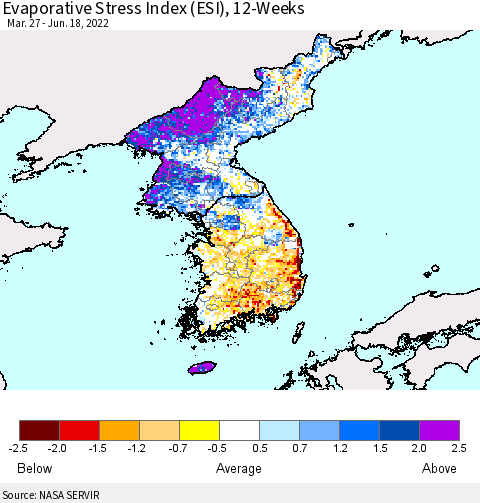 Korea Evaporative Stress Index (ESI), 12-Weeks Thematic Map For 6/13/2022 - 6/19/2022