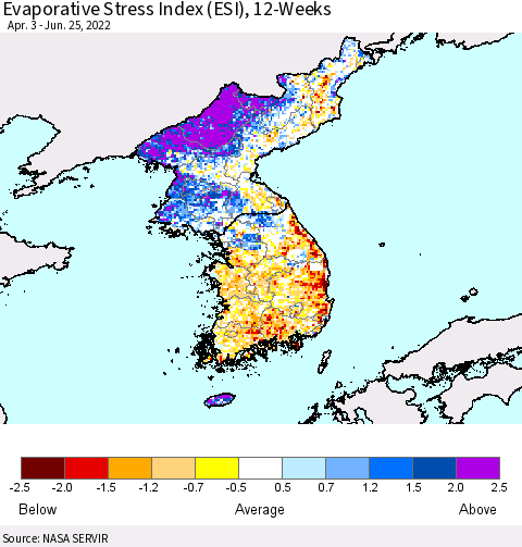 Korea Evaporative Stress Index (ESI), 12-Weeks Thematic Map For 6/20/2022 - 6/26/2022