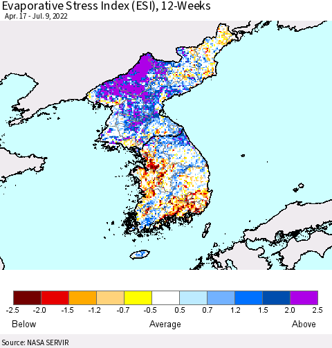 Korea Evaporative Stress Index (ESI), 12-Weeks Thematic Map For 7/4/2022 - 7/10/2022