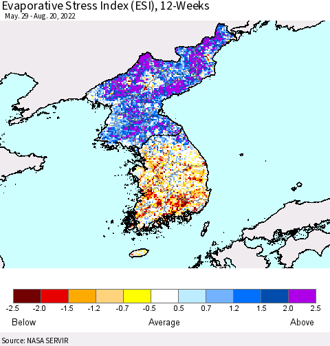 Korea Evaporative Stress Index (ESI), 12-Weeks Thematic Map For 8/15/2022 - 8/21/2022