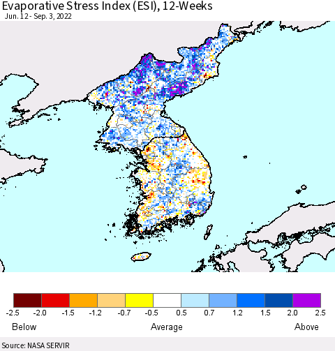 Korea Evaporative Stress Index (ESI), 12-Weeks Thematic Map For 8/29/2022 - 9/4/2022