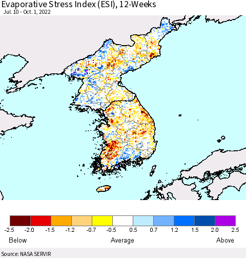 Korea Evaporative Stress Index (ESI), 12-Weeks Thematic Map For 9/26/2022 - 10/2/2022