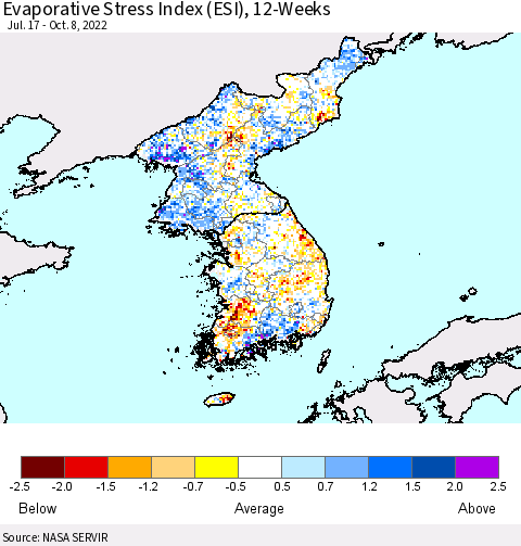Korea Evaporative Stress Index (ESI), 12-Weeks Thematic Map For 10/3/2022 - 10/9/2022