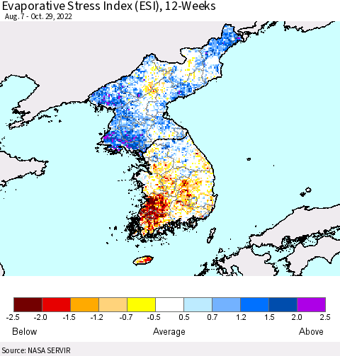 Korea Evaporative Stress Index (ESI), 12-Weeks Thematic Map For 10/24/2022 - 10/30/2022