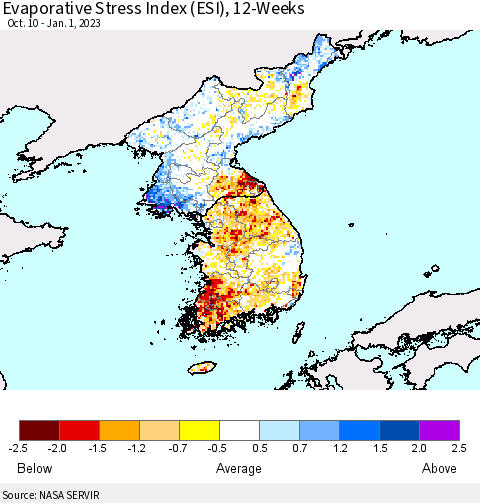 Korea Evaporative Stress Index (ESI), 12-Weeks Thematic Map For 12/26/2022 - 1/1/2023