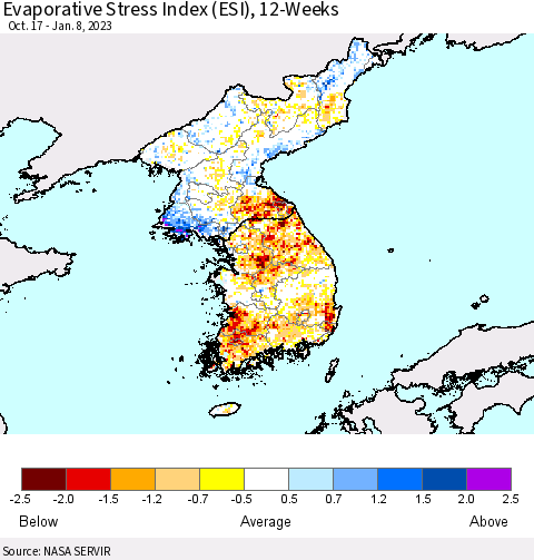 Korea Evaporative Stress Index (ESI), 12-Weeks Thematic Map For 1/2/2023 - 1/8/2023