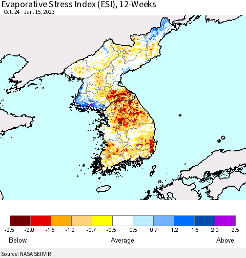 Korea Evaporative Stress Index (ESI), 12-Weeks Thematic Map For 1/9/2023 - 1/15/2023