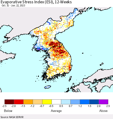 Korea Evaporative Stress Index (ESI), 12-Weeks Thematic Map For 1/16/2023 - 1/22/2023