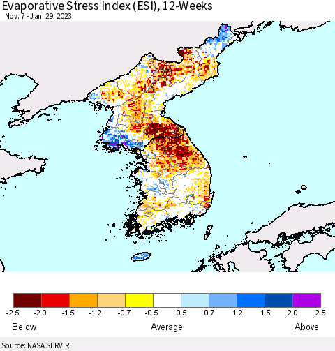 Korea Evaporative Stress Index (ESI), 12-Weeks Thematic Map For 1/23/2023 - 1/29/2023