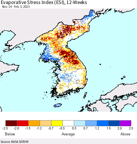 Korea Evaporative Stress Index (ESI), 12-Weeks Thematic Map For 1/30/2023 - 2/5/2023