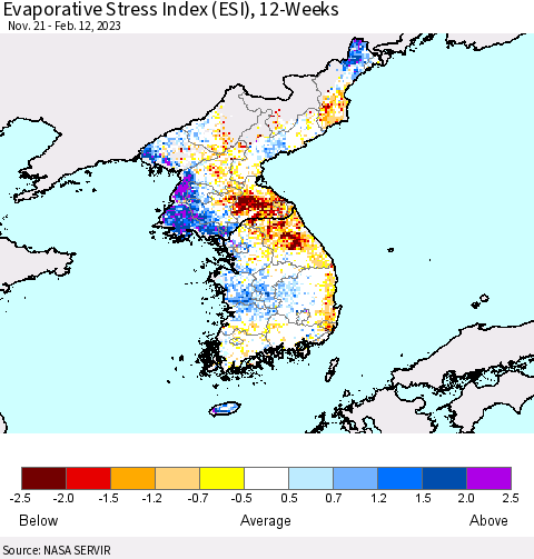 Korea Evaporative Stress Index (ESI), 12-Weeks Thematic Map For 2/6/2023 - 2/12/2023