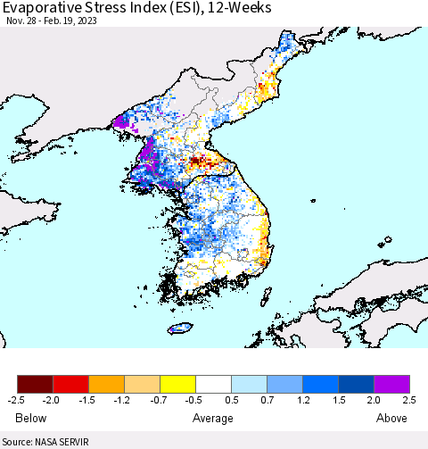 Korea Evaporative Stress Index (ESI), 12-Weeks Thematic Map For 2/13/2023 - 2/19/2023