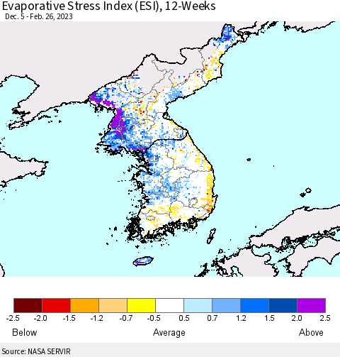 Korea Evaporative Stress Index (ESI), 12-Weeks Thematic Map For 2/20/2023 - 2/26/2023