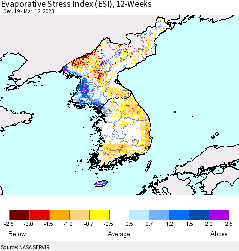 Korea Evaporative Stress Index (ESI), 12-Weeks Thematic Map For 3/6/2023 - 3/12/2023