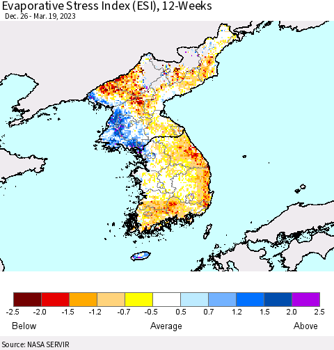 Korea Evaporative Stress Index (ESI), 12-Weeks Thematic Map For 3/13/2023 - 3/19/2023