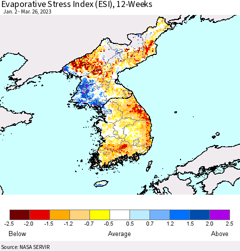 Korea Evaporative Stress Index (ESI), 12-Weeks Thematic Map For 3/20/2023 - 3/26/2023