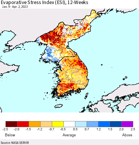 Korea Evaporative Stress Index (ESI), 12-Weeks Thematic Map For 3/27/2023 - 4/2/2023