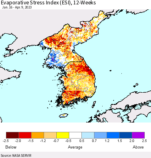Korea Evaporative Stress Index (ESI), 12-Weeks Thematic Map For 4/3/2023 - 4/9/2023