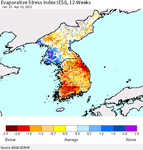 Korea Evaporative Stress Index (ESI), 12-Weeks Thematic Map For 4/10/2023 - 4/16/2023