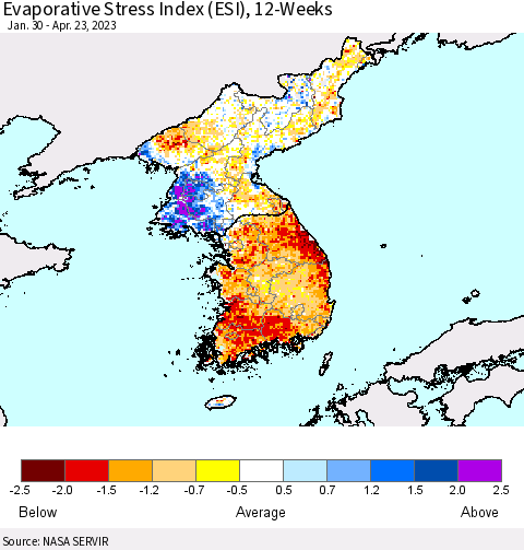 Korea Evaporative Stress Index (ESI), 12-Weeks Thematic Map For 4/17/2023 - 4/23/2023