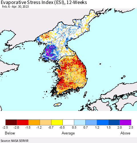 Korea Evaporative Stress Index (ESI), 12-Weeks Thematic Map For 4/24/2023 - 4/30/2023