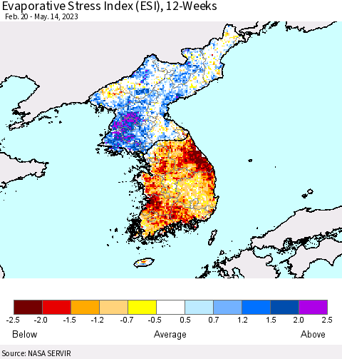 Korea Evaporative Stress Index (ESI), 12-Weeks Thematic Map For 5/8/2023 - 5/14/2023