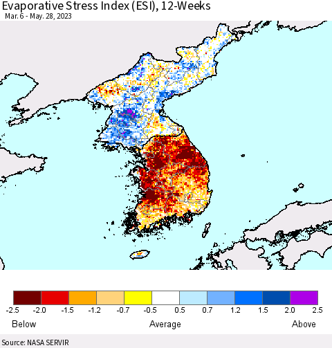 Korea Evaporative Stress Index (ESI), 12-Weeks Thematic Map For 5/22/2023 - 5/28/2023