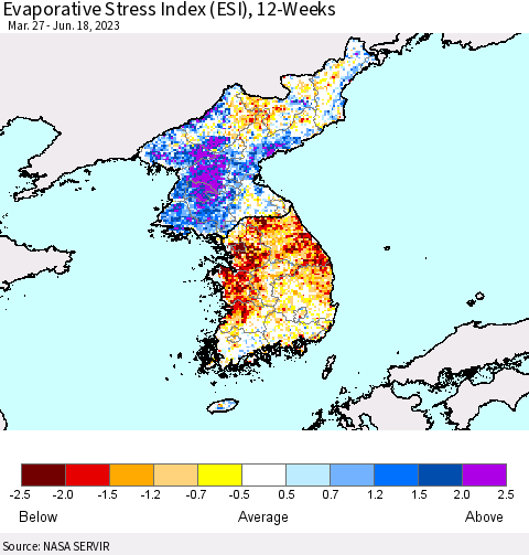 Korea Evaporative Stress Index (ESI), 12-Weeks Thematic Map For 6/12/2023 - 6/18/2023