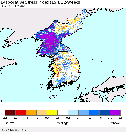 Korea Evaporative Stress Index (ESI), 12-Weeks Thematic Map For 6/26/2023 - 7/2/2023