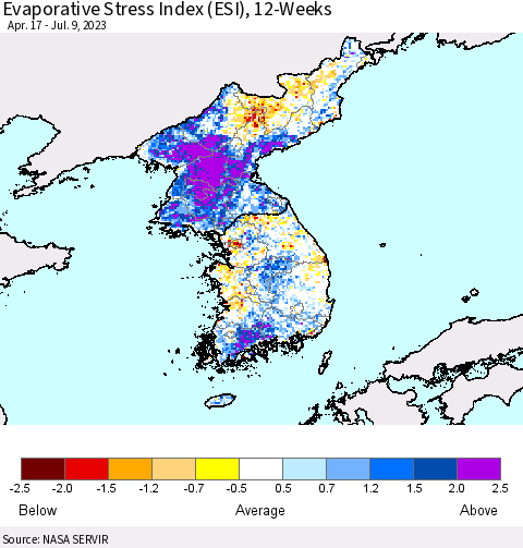 Korea Evaporative Stress Index (ESI), 12-Weeks Thematic Map For 7/3/2023 - 7/9/2023