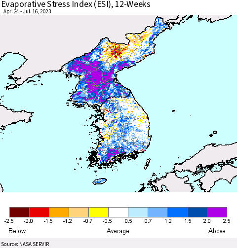 Korea Evaporative Stress Index (ESI), 12-Weeks Thematic Map For 7/10/2023 - 7/16/2023