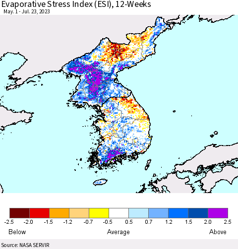Korea Evaporative Stress Index (ESI), 12-Weeks Thematic Map For 7/17/2023 - 7/23/2023